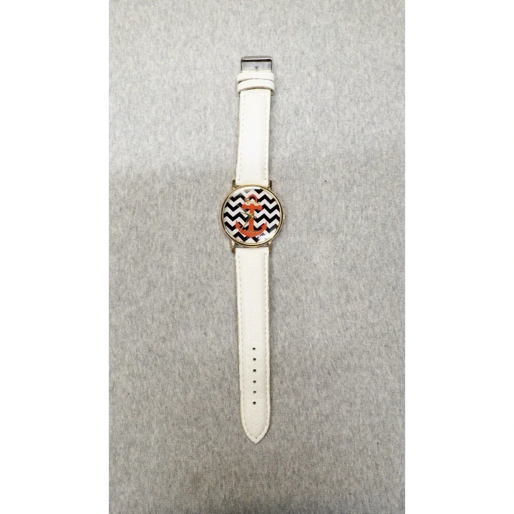 Geneva Platinum Watch Womens‎ Pink Anchor White Leather Band Nautical Chevron